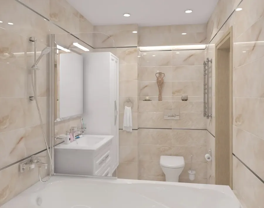Beige stone-look tile bathroom with a glass shower