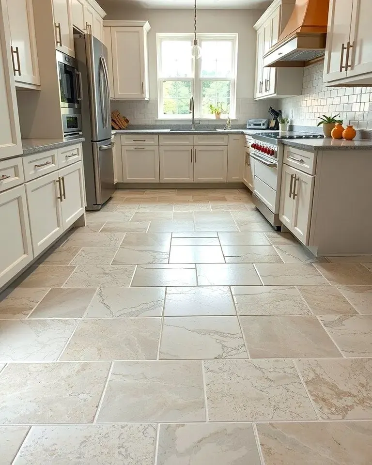 Kitchen with travertine-look floor tile and an island
