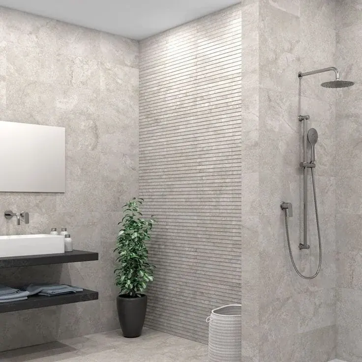 Light gray porcelain bathroom with a walk-in rain shower