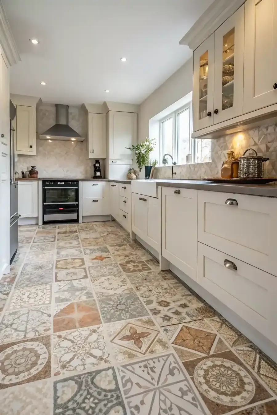 Kitchen floor in patterned encaustic-style tile