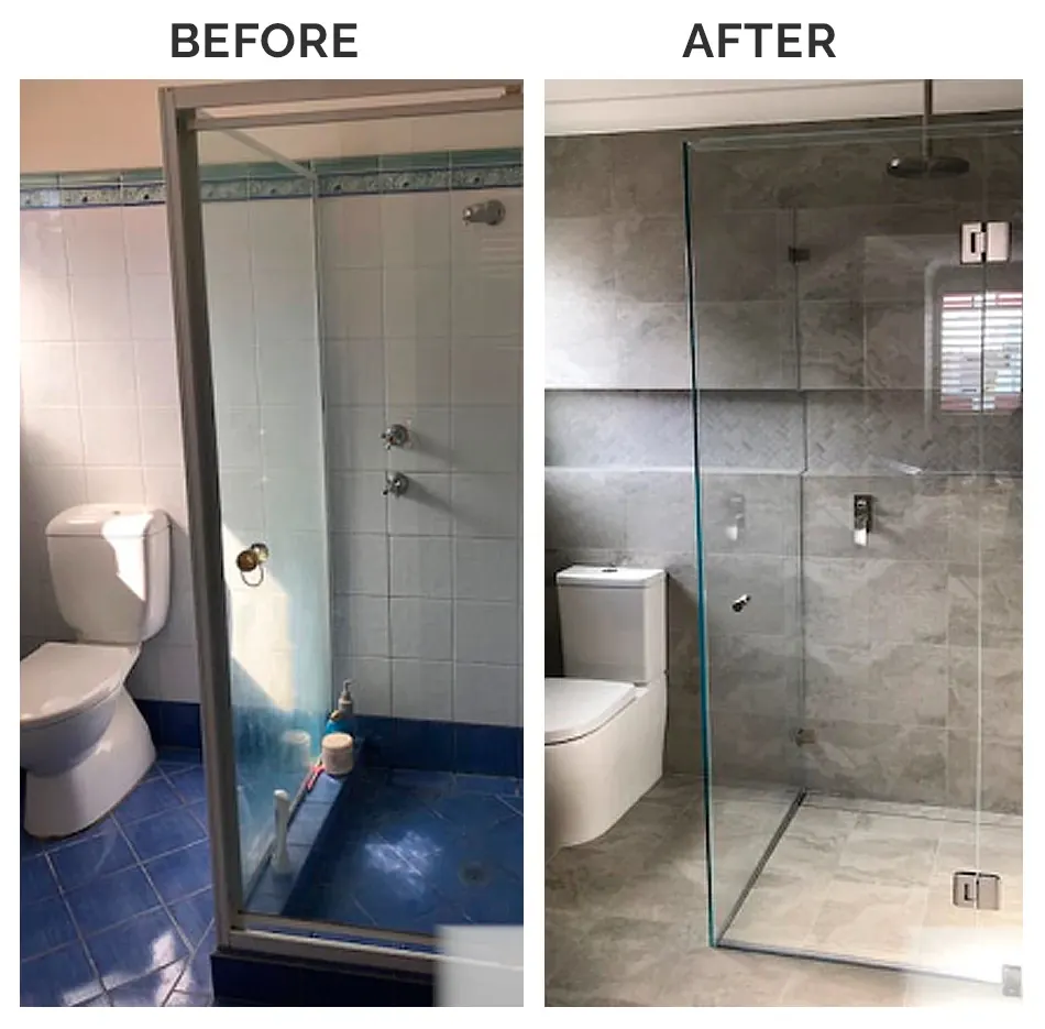 Before and after: dated bathroom turned into a gray porcelain walk-in shower