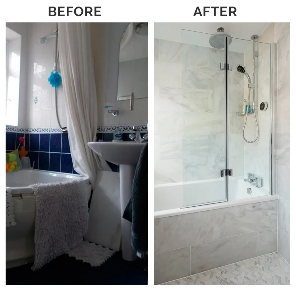 Before and after: tub area retiled in white marble-look porcelain with a glass panel