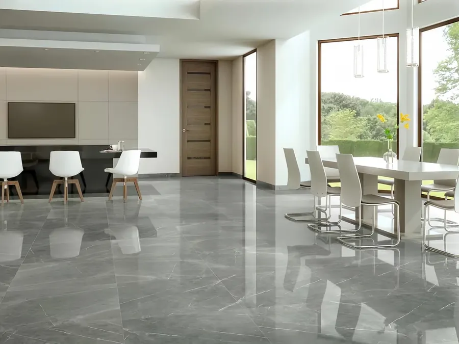 Gray marble-look porcelain floor in an open office space