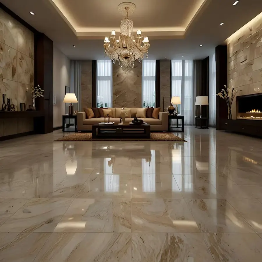 High-gloss marble-look tile floor in a large hall with a chandelier