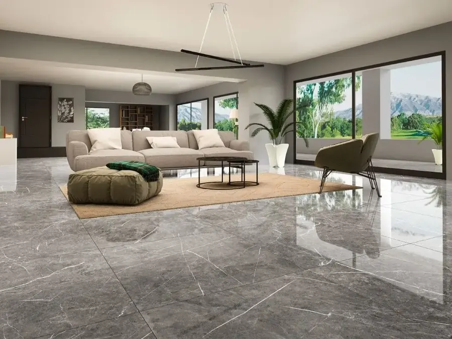Gray polished porcelain floor in an open-plan interior