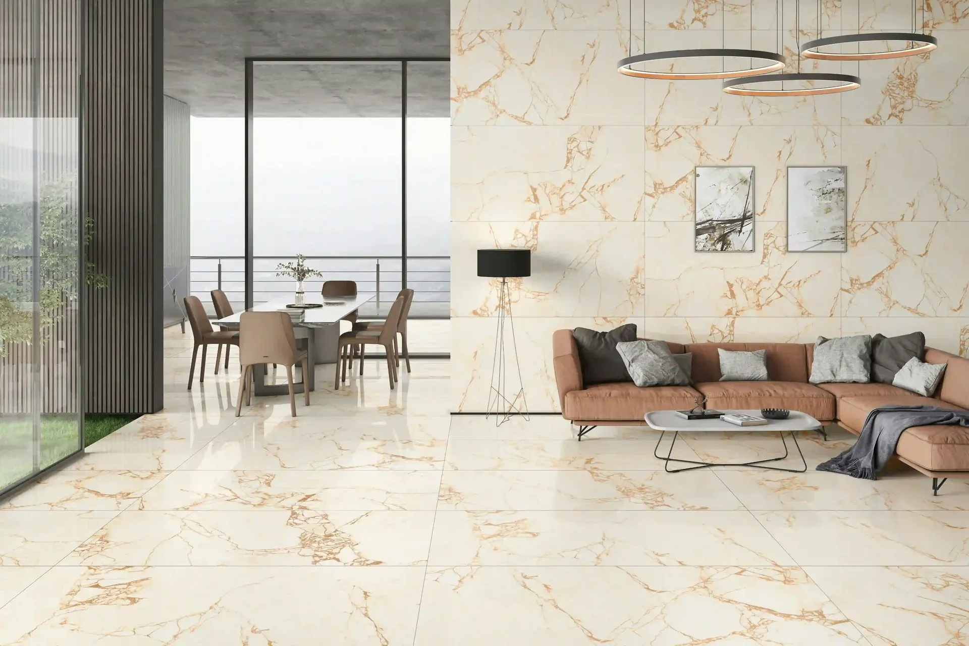 Bright living room with large-format marble-look porcelain floor tile