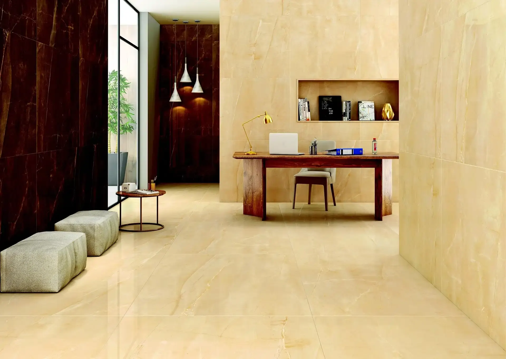 Warm beige large-format tile floor and walls in a bright interior