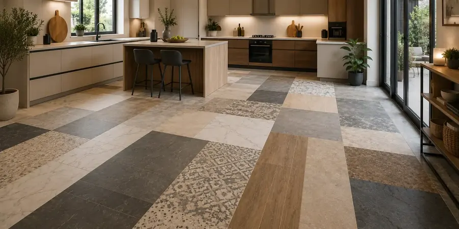 Open kitchen with a patchwork of porcelain, wood-look and stone tile