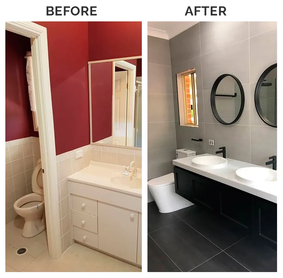 Before and after: dated bathroom retiled in gray and white