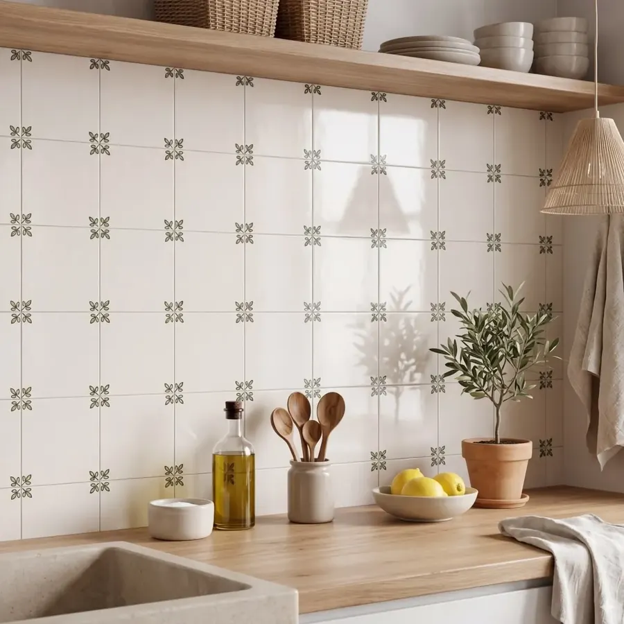 Kitchen backsplash in white patterned square tile behind a wood counter